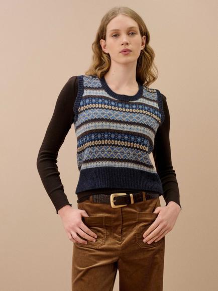 Brora Wool Fair Isle Print Sleeveless Jumper, Navy/Multi, Navy/Multi