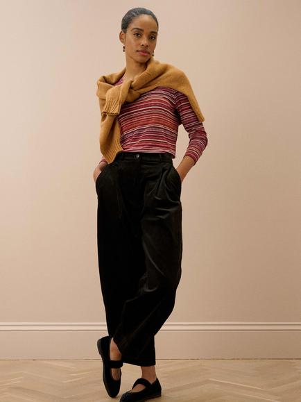 Brora Fine Stripe Jersey Top - view 2, Paprika/Ivory