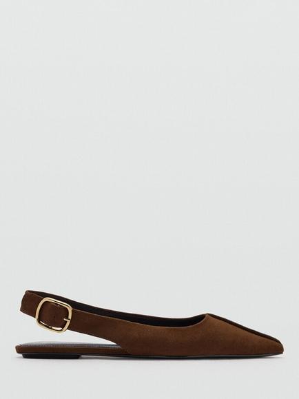 Mango Contoured Pointed Slingback Flat Shoes, Chocolate, Chocolate