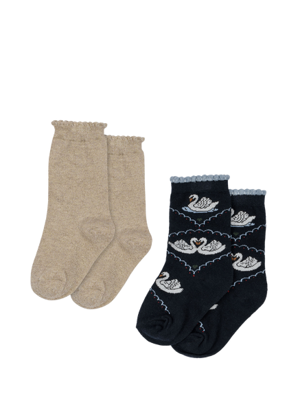 Konges Sløjd Kids' Cotton Blend Swan Print Socks, Pack of 2, Navy/Off White, Navy/Off White