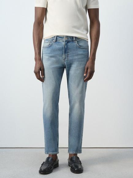 Mango Tejano Mid-Rise Tapered Jeans, Light Blue