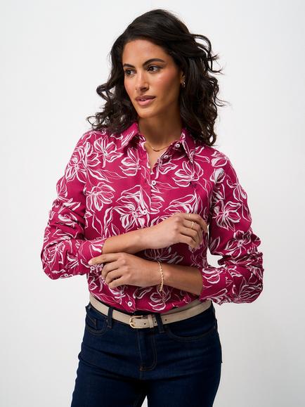 Crew Clothing Floral Twill Drapey Shirt, Raspberry Pink/White, Raspberry Pink/White