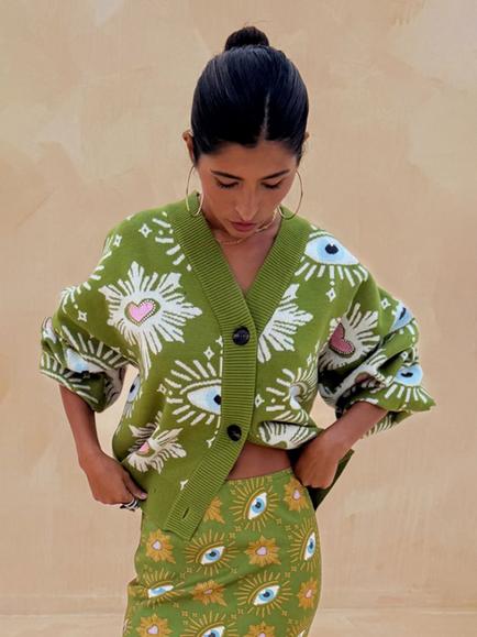 Never Fully Dressed Eye Print Cardigan containing LENZING™ ECOVERO™ Viscose, Khaki, Khaki