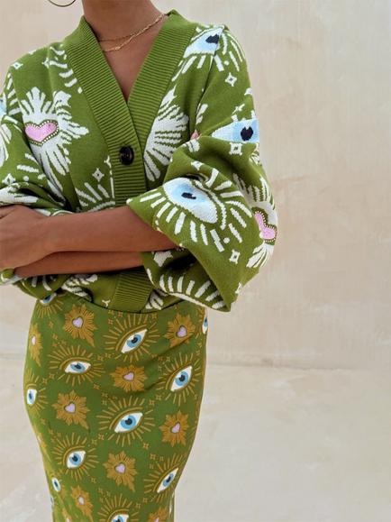 Never Fully Dressed Eye Print Cardigan containing LENZING™ ECOVERO™ Viscose, Khaki - view 2, Khaki
