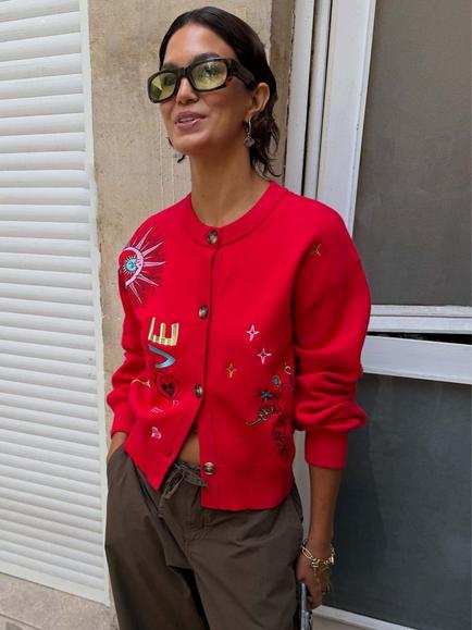 Never Fully Dressed Amore Forrest Embroidered Cardigan containing LENZING™ ECOVERO™ Viscose, Red, Red