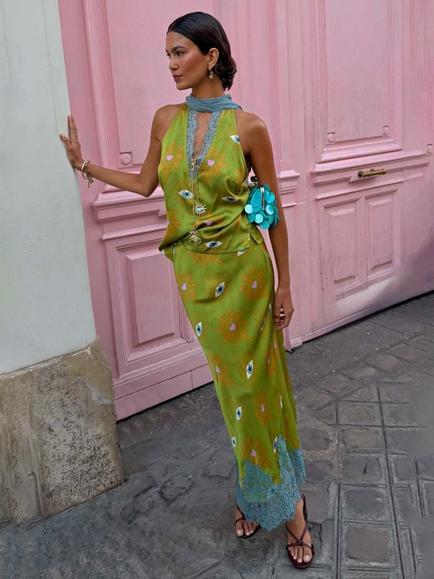 Never Fully Dressed Maeva Eye Midi Skirt containing LENZING™ ECOVERO™ Viscose, Khaki - view 2, Khaki