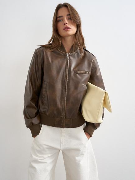Topshop Faux Leather Bomber Jacket, Brown, Brown