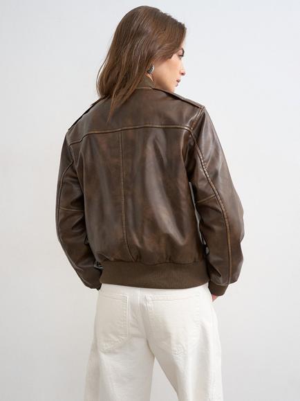 Topshop Faux Leather Bomber Jacket, Brown - view 2, Brown