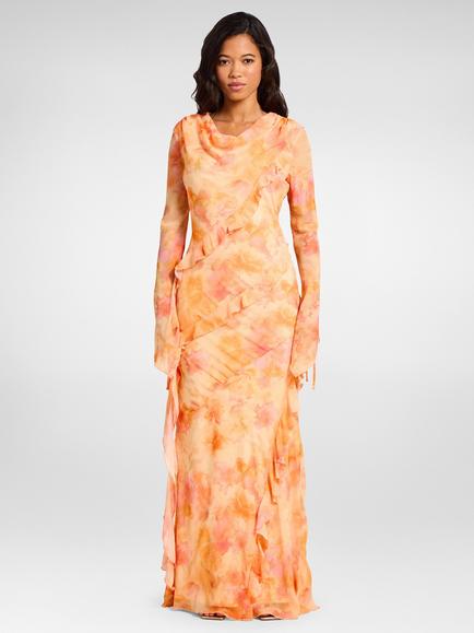 DASKA Circe Ruffle Maxi Dress, Peach Abstract, Peach Abstract