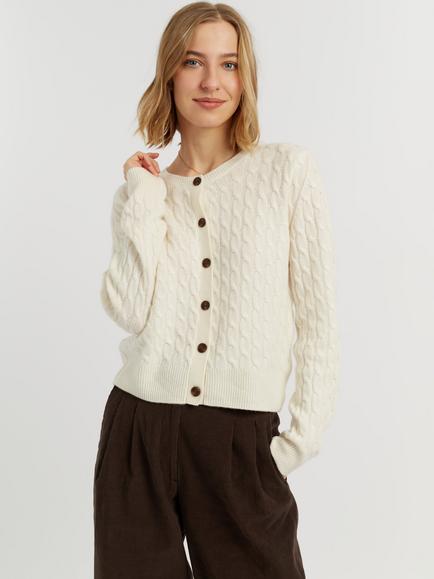 Chinti & Parker Pure Cashmere Cabled Crew Neck Cardigan, Cream