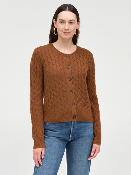 Chinti & Parker Pure Cashmere Cabled Crew Neck Cardigan, Toffee