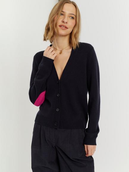 Chinti & Parker Wool-Cashmere Elbow Patch Cardigan, Chocolate Brown, Navy