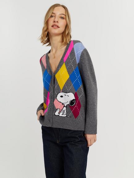 Chinti & Parker Peanuts Wool-Cashmere Snoopy Argyle Cardigan, Multi, Multi