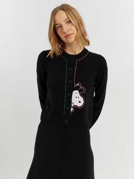 Chinti & Parker Peanuts Wool-Cashmere Snoopy Peep Cardigan, Black