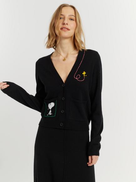 Chinti & Parker Peanuts Wool-Cashmere Snoopy Pocket Cardigan, Black