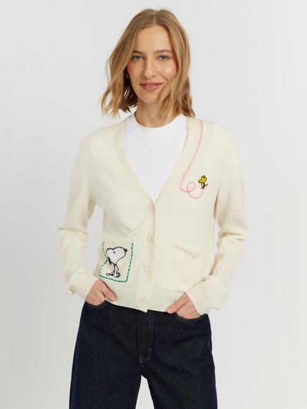 Chinti & Parker Peanuts Wool-Cashmere Snoopy Pocket Cardigan, Cream