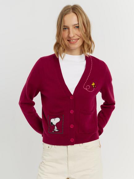 Chinti & Parker Peanuts Wool-Cashmere Snoopy Pocket Cardigan, Cherry
