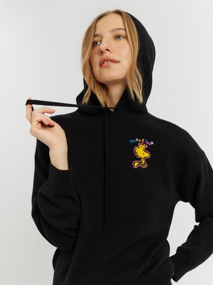 Chinti & Parker Peanuts Wool-Cashmere Snoopy Hoodie, Black, Black