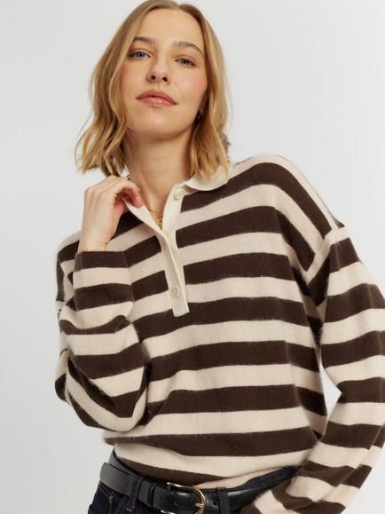 Chinti & Parker Merino Wool Striped Polo Top, Pink Multi
