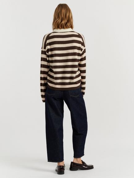 Chinti & Parker Merino Wool Striped Polo Top - view 2, Pink Multi