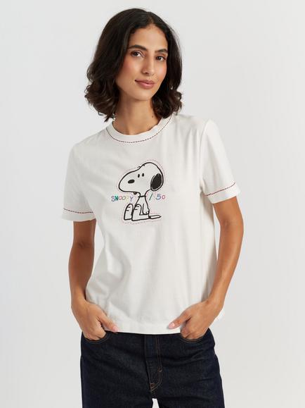 Chinti & Parker Peanuts Snoopy Embroidered T-Shirt, Cream