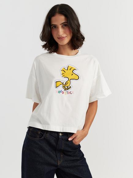 Chinti & Parker Peanuts Woodstock Embroidered T-Shirt, Cream
