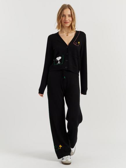 Chinti & Parker Peanuts Wool-Cashmere Wide Leg Track Bottoms, Black