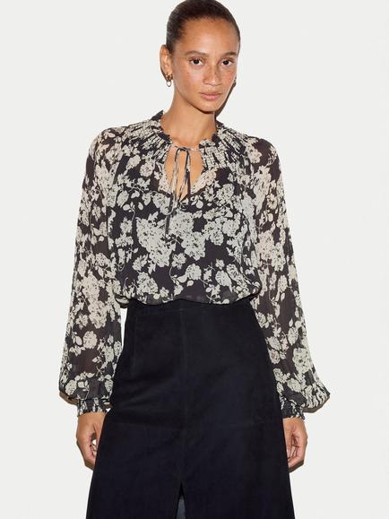 Jigsaw Floral Tie Neck Long Sleeve Top, Black, Black
