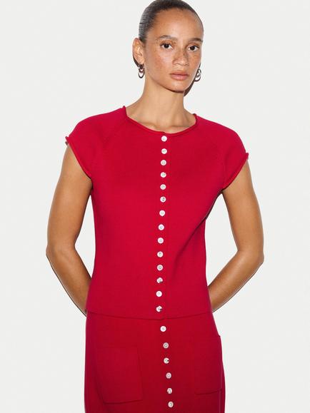 Jigsaw Cotton Button Knitted Top, Red, Red