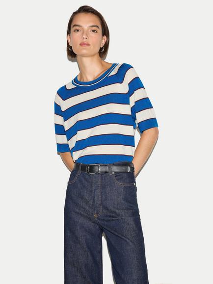 Jigsaw Wool Regular Fit Stripe T-Shirt, Blue, Blue