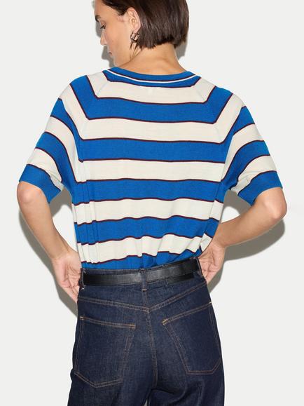 Jigsaw Wool Regular Fit Stripe T-Shirt, Blue - view 2, Blue