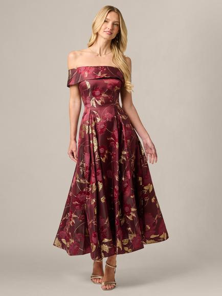 Adrianna Papell Petite Metallic Floral Off Shoulder Midi Dress, Burgundy/Gold, Burgundy/Gold