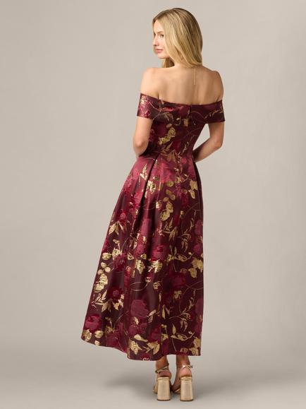 Adrianna Papell Petite Metallic Floral Off Shoulder Midi Dress, Burgundy/Gold - view 2, Burgundy/Gold