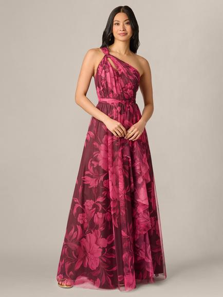 Adrianna Papell Printed Tulle Gown, Burgundy Muti, Burgundy Multi