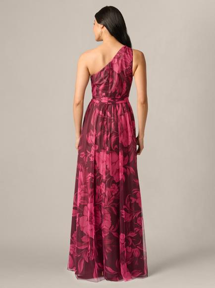 Adrianna Papell Printed Tulle Gown, Burgundy Muti - view 2, Burgundy Multi