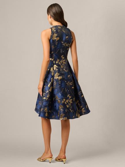 Adrianna Papell Floral Ruffle Jacquard Dress, Navy/Gold - view 2, Navy & Gold