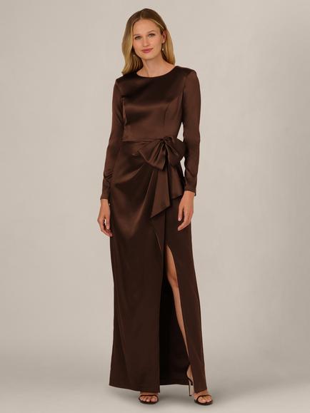 Adrianna Papell Stretch Satin Ruffle Gown, Chocolate, Chocolate