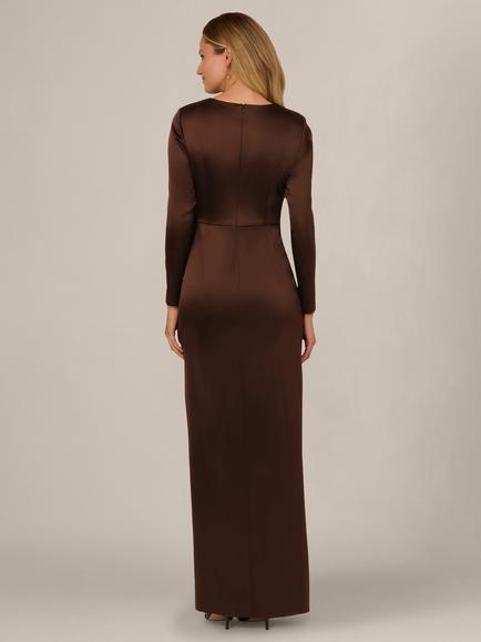 Adrianna Papell Stretch Satin Ruffle Gown, Chocolate - view 2, Chocolate
