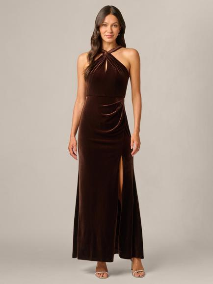 Adrianna Papell Velvet Halter Neck Mermaid Gown, Dark Brown, Dark Brown