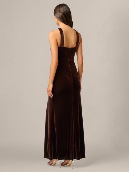 Adrianna Papell Velvet Halter Neck Mermaid Gown, Dark Brown - view 2, Dark Brown