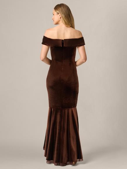 Adrianna Papell Velvet Off The Shoulder Gown, Dark Brown - view 2, Dark Brown