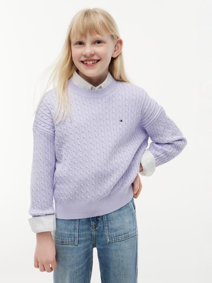 Tommy Hilfiger Kids' Relaxed Cable Knit Crew Neck Jumper, Light Purple