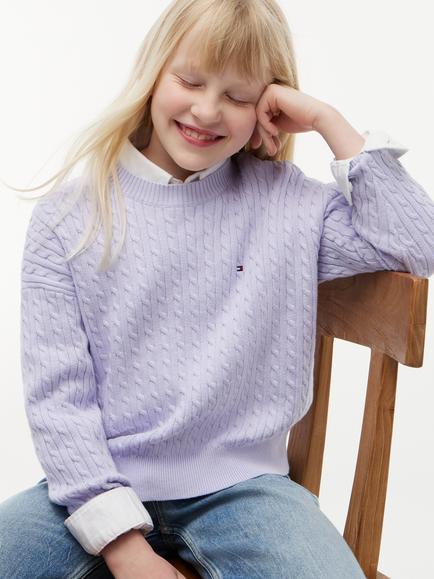Tommy Hilfiger Kids' Relaxed Cable Knit Crew Neck Jumper - view 2, Light Purple