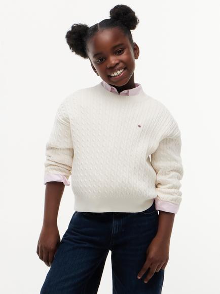 Tommy Hilfiger Kids' Relaxed Cable Knit Crew Neck Jumper, Ivory