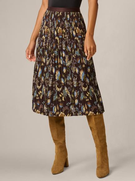 Adrianna Papell Paisley Pleated Midi Skirt, Chocolate Brown, Chocolate Brown