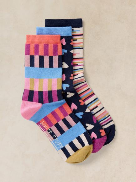 White Stuff Geo Heart Print Ankle Socks, Pack of 3, Multi, Multi