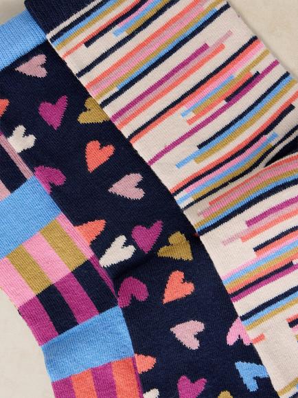 White Stuff Geo Heart Print Ankle Socks, Pack of 3, Multi - view 2, Multi