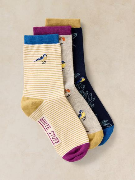 White Stuff Garden Bird Ankle Socks, Pack of 3, Multi, Multi