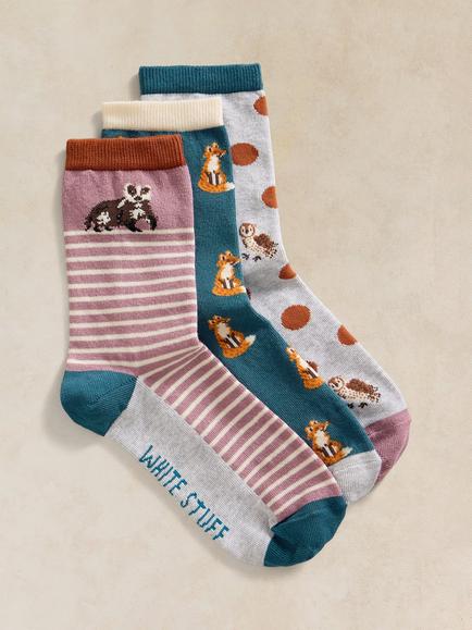 White Stuff Woodland Animal Socks, Pack of 3, Multi, Multi