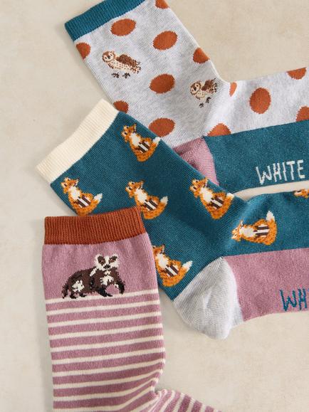 White Stuff Woodland Animal Socks, Pack of 3, Multi - view 2, Multi